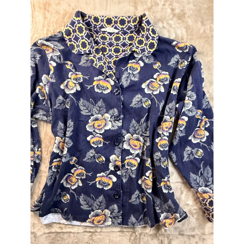 Vera Bradley Womens Floral Cotton Pajama Top Navy Blue Button Down Size L Cozy